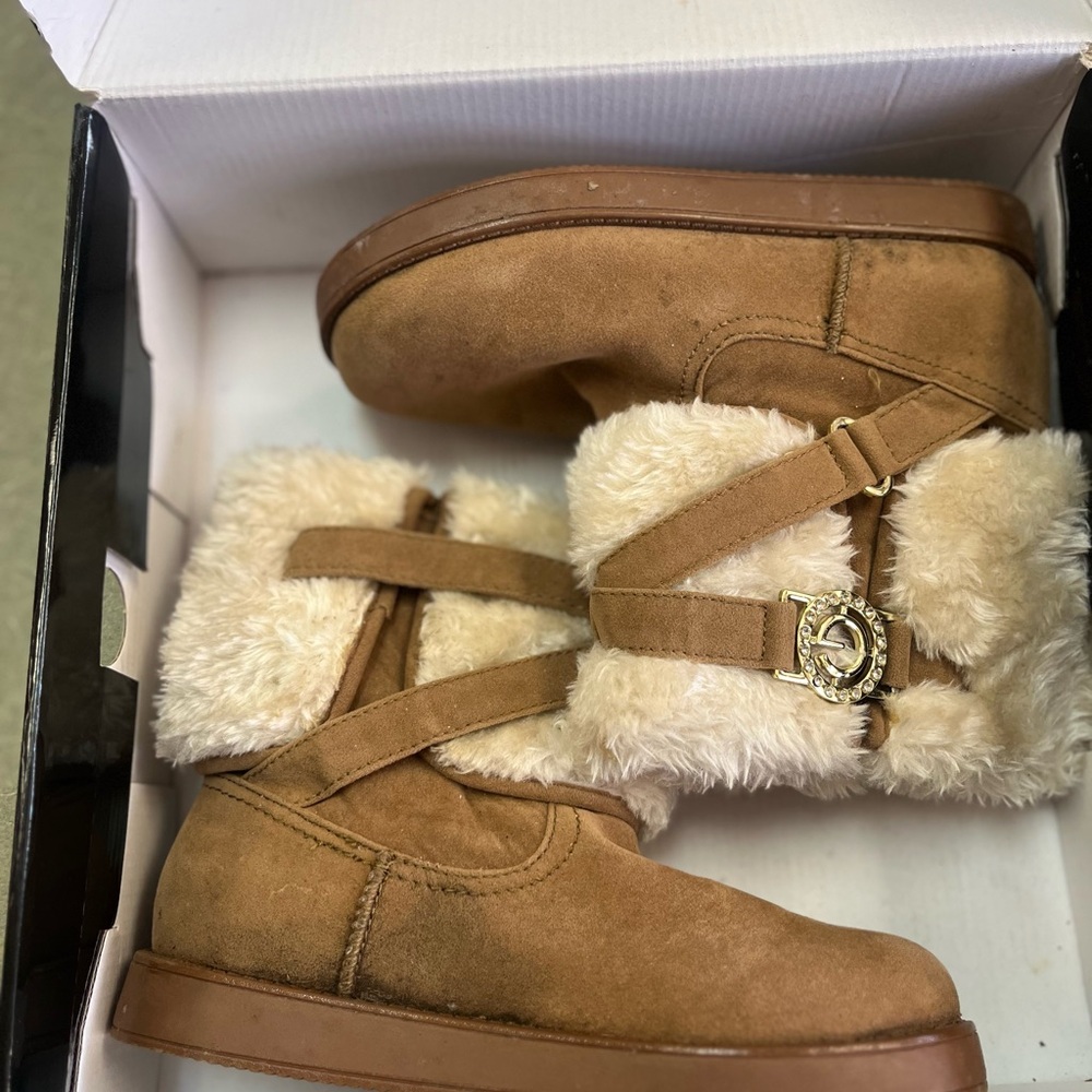 G by Guess Tan Ankle Boots with Fur Trim